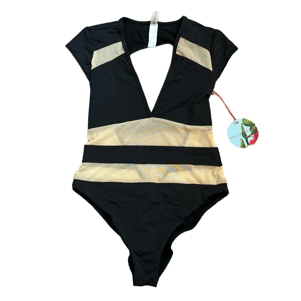 NWT Hollie Watman Black & Tan Mesh One Piece Swimsuit